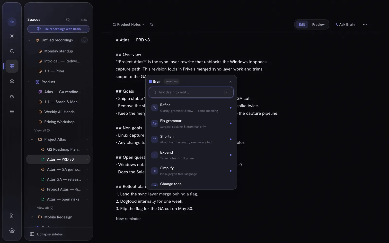 The note editor with a text selection and the Ivy command menu open, showing Refine, Shorten, Change tone and more actions