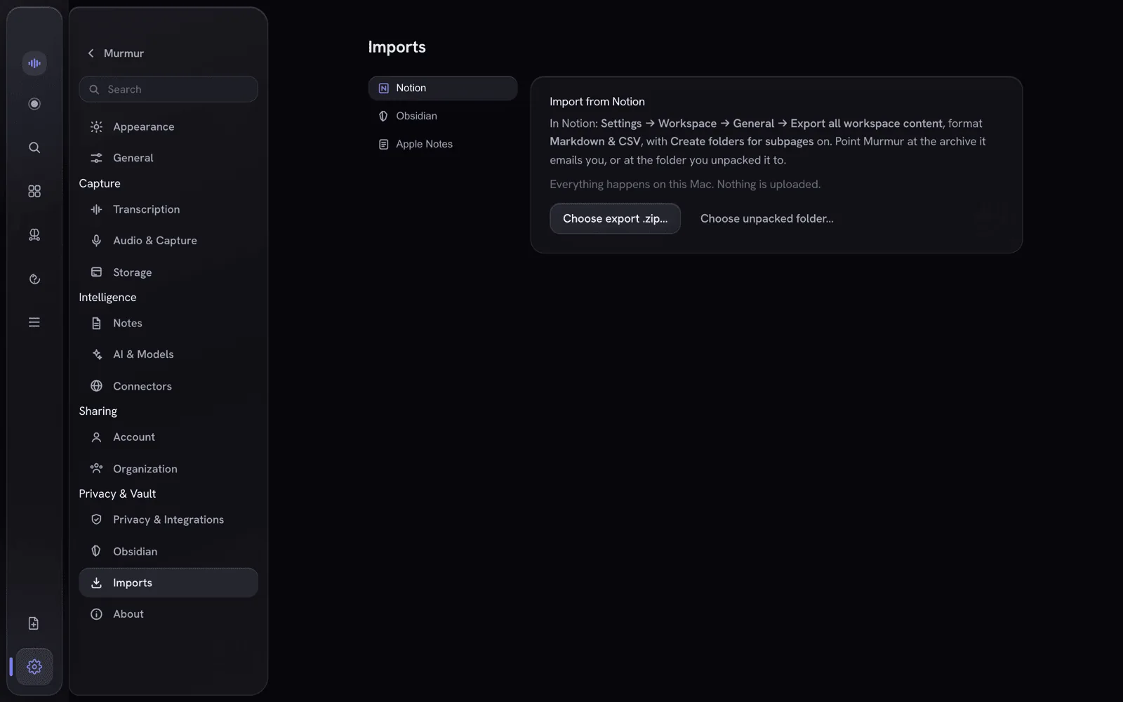 Settings → Imports: Notion, Obsidian and Apple Notes, with the note that everything happens on this Mac and nothing is uploaded
