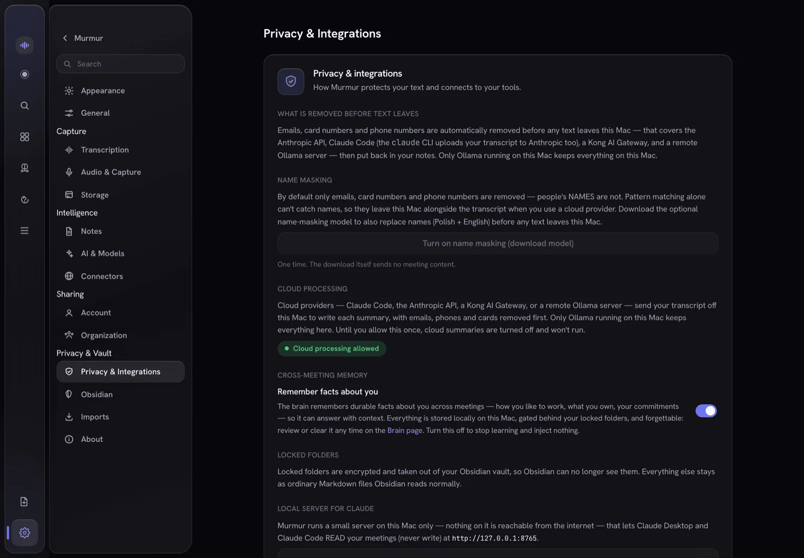 IndexOne privacy settings, stating in plain language what is removed before any text leaves, which providers are cloud, and that cloud processing is off until you allow it once