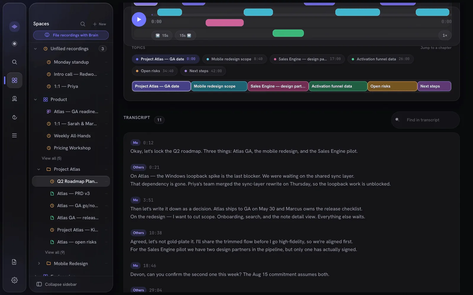 The merged Me / Others transcript, time-indexed, beside the speaker and topic timeline